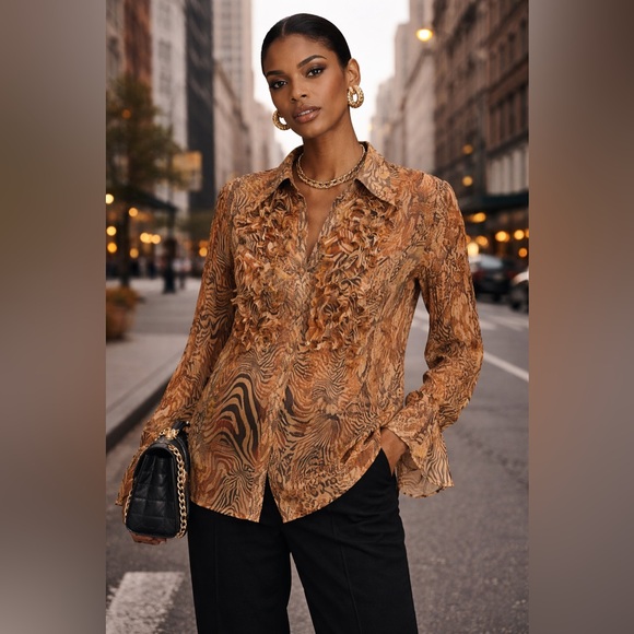 Vintage Tops - Y2K Sheer Fringe Mix Animal Print Button Down Top With Flare Sleeve Detail Sz L